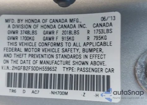 2013 Honda Civic Lx из США, поврежденный, VIN 2HGFB2F50DH559652